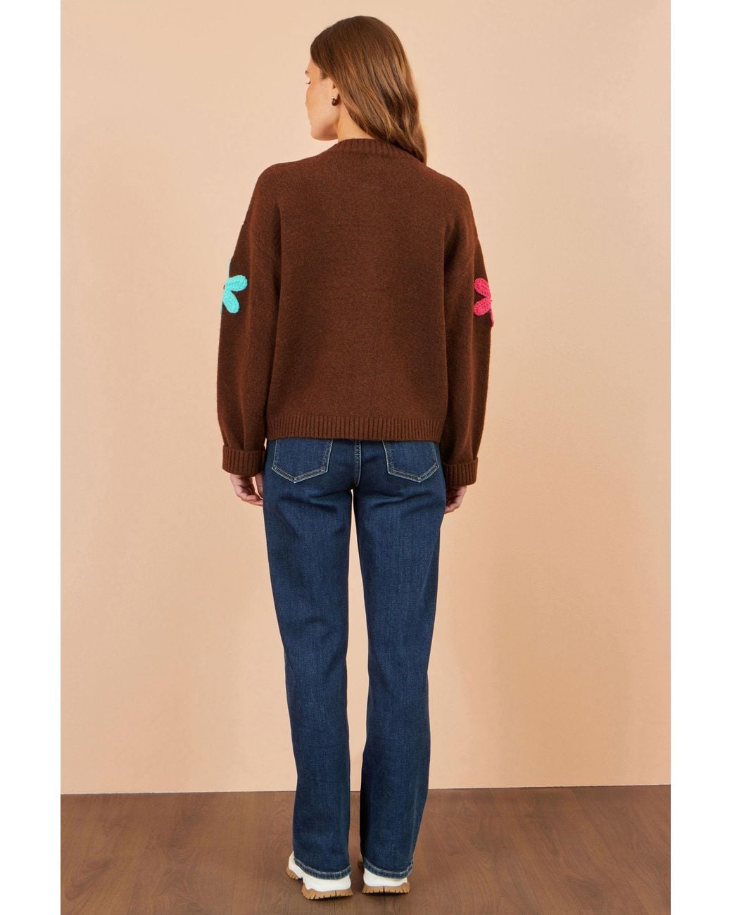 Yumi' Brown Knitted Flower Applique Cardigan