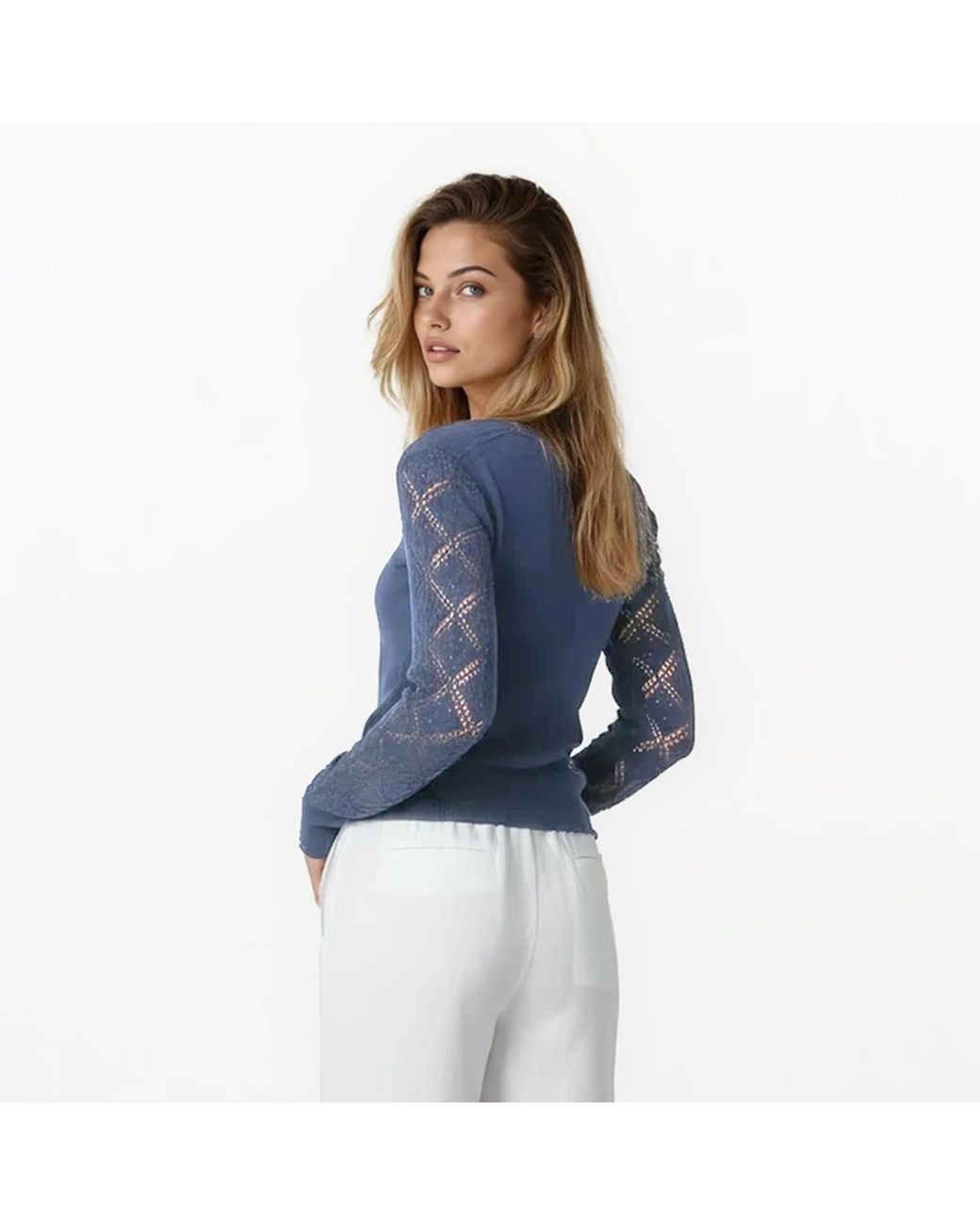 Haris Cotton Blue Knit Sweater With Embroidered Sleeves Denim