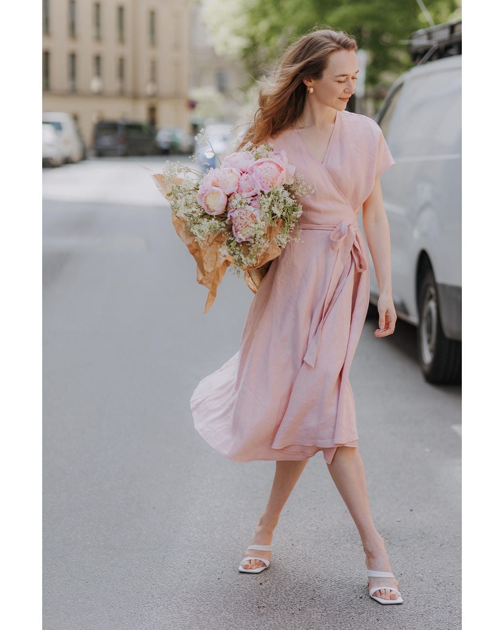 Idyllo White Linen Boho Wrapdress