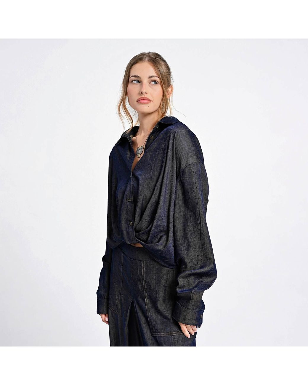 Lalipop Design Blue Relaxed Shirt With Draped Front Hem