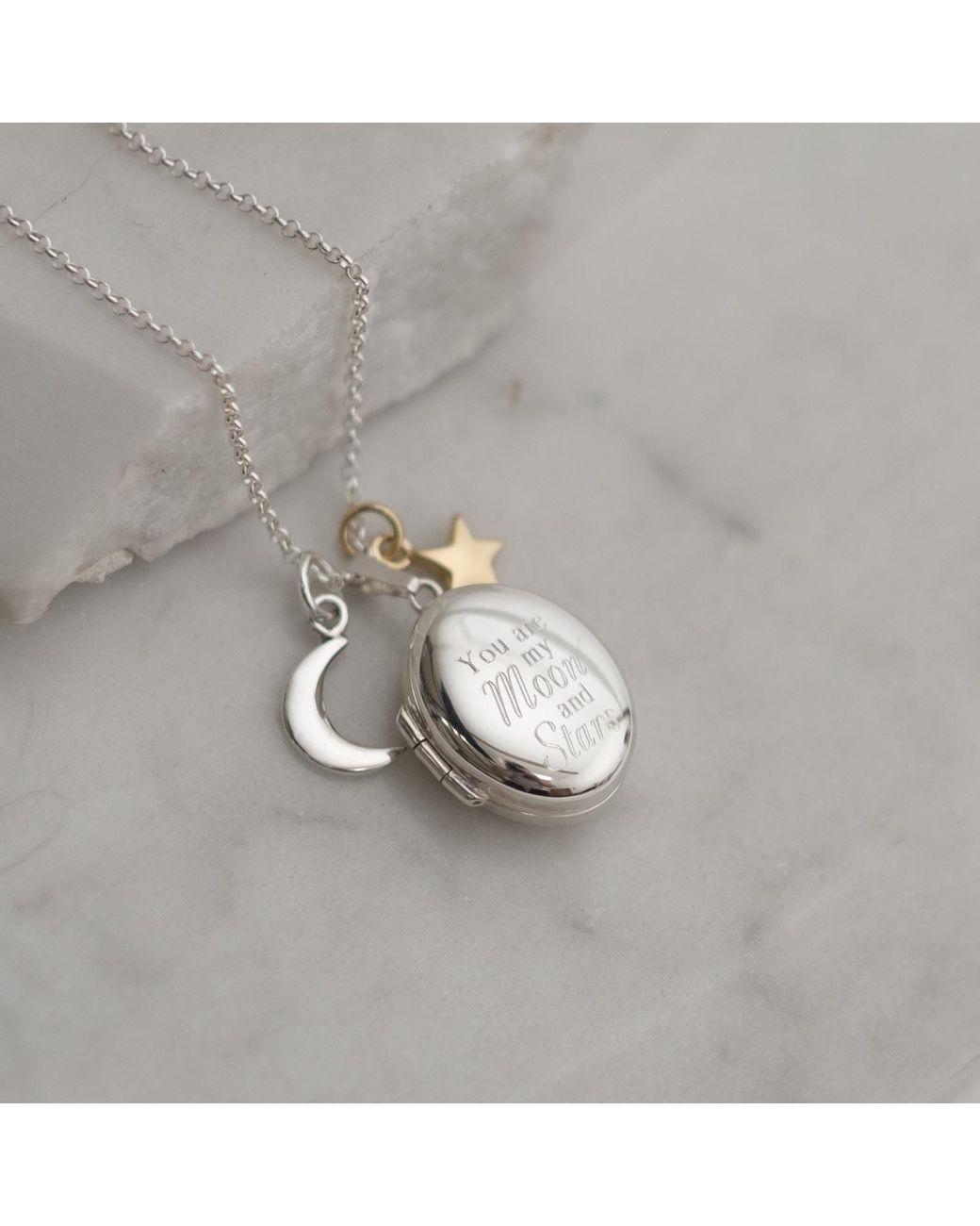Lime Tree Design Metallic Engraved Locket 'You Are My Moon And Stars' Sterling Necklace