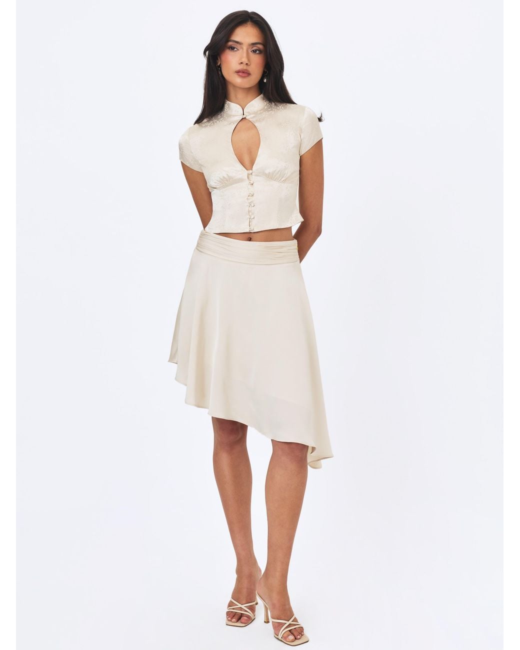 Miss Circle New York White Galilea Ivory Floral Jacquard Keyhole Mandarin Collar Top