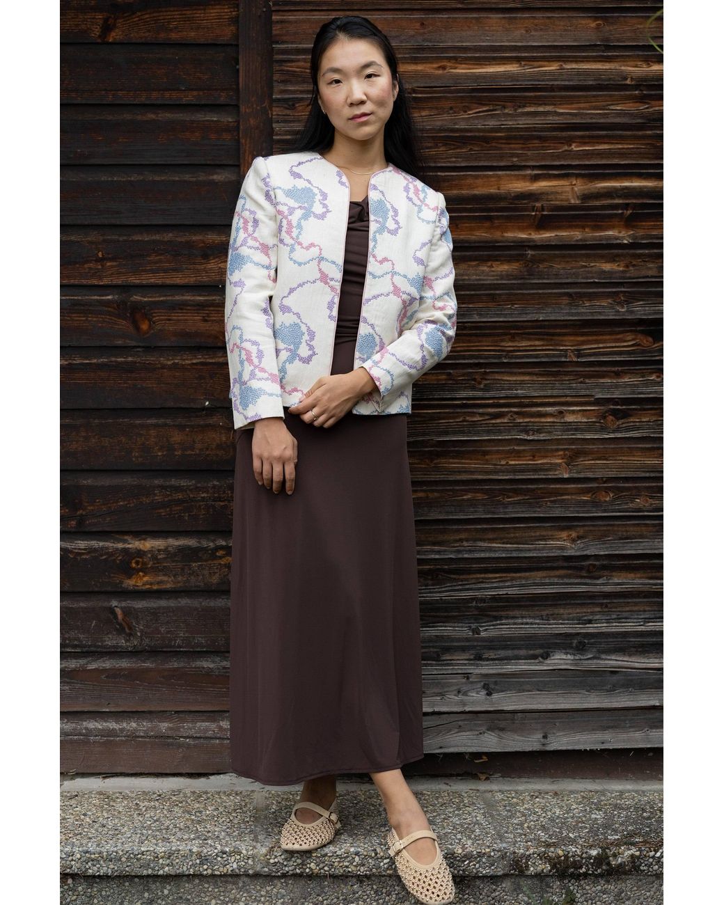 Stovaria Multicolor Neutrals Pastel Embroidered Pure Linen Statement Jacket