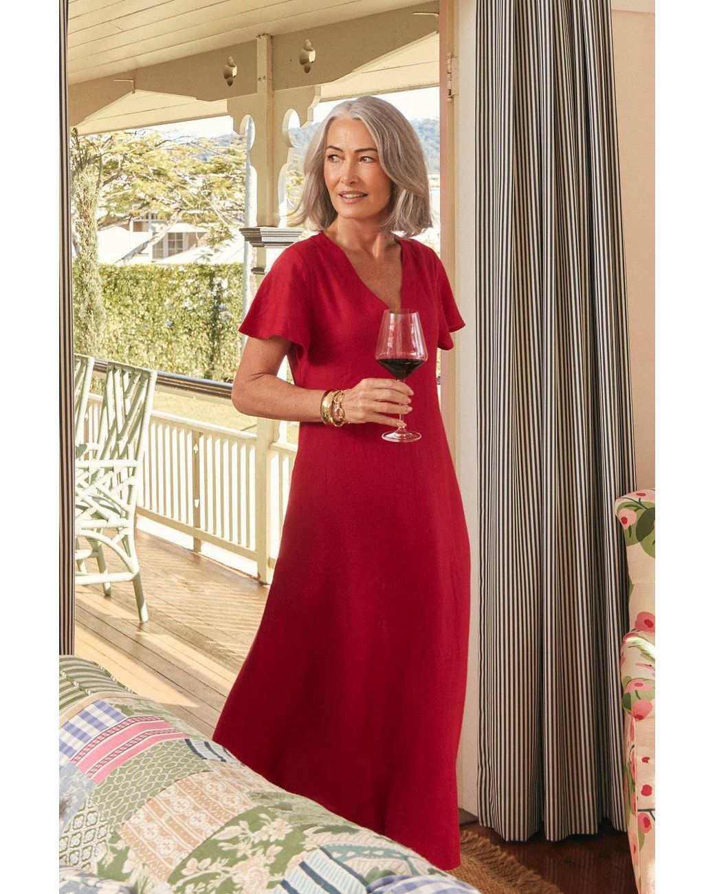 Adrift Clothing Red Tatum Linen Flutter Sleeve Dress