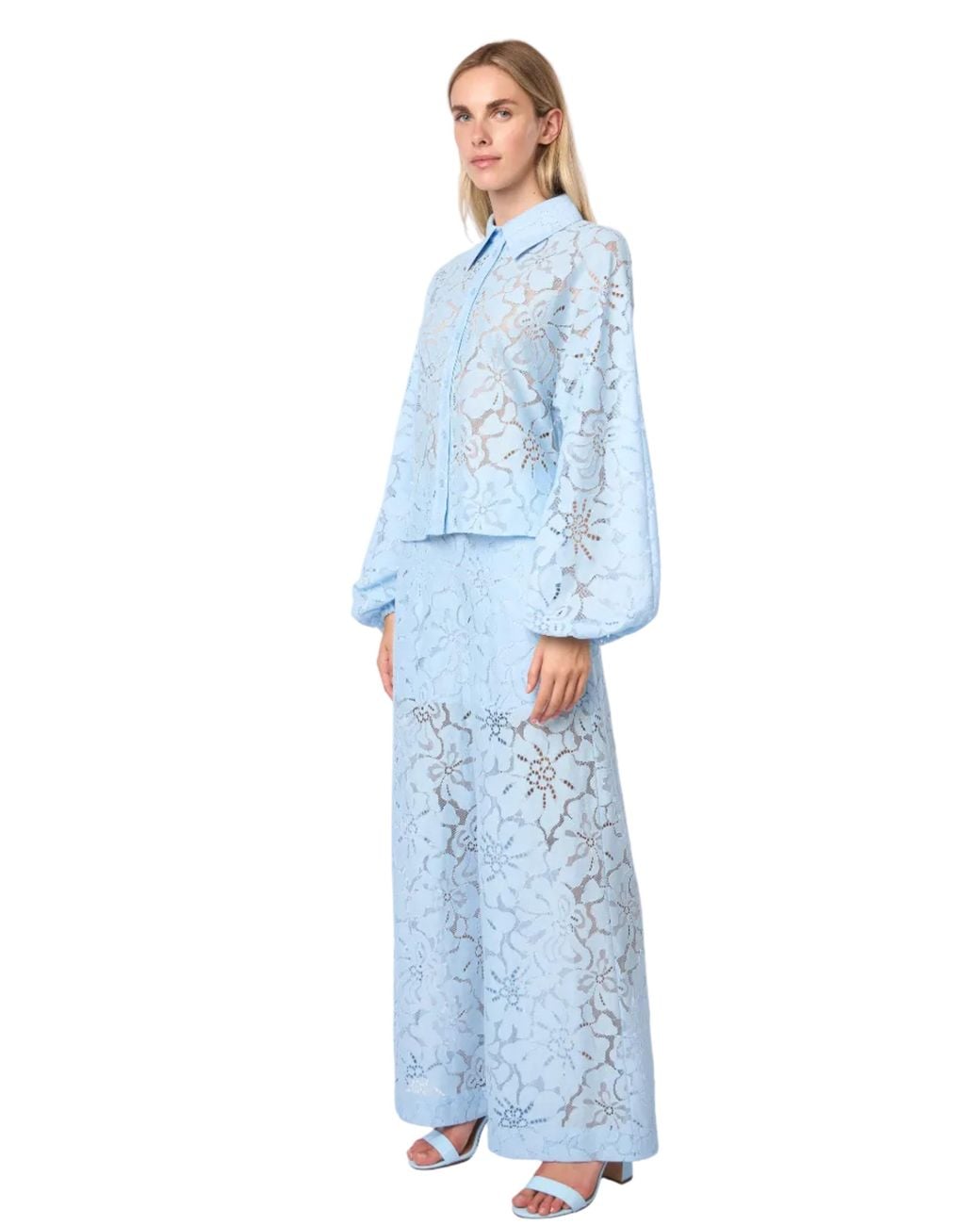 Carloslines Blue Oversized Balloon Sleeve Button Down Lace Shirt W/ Shirttail