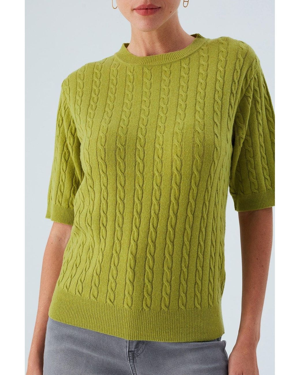 Peraluna Green Nicole Cable Knit Cashmere Blend Short Sleeve Blouse