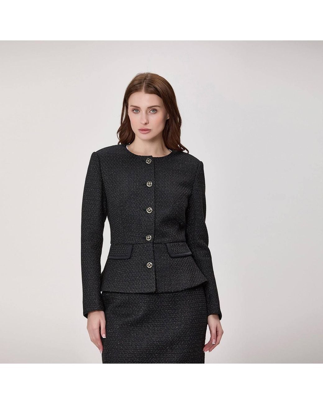 Smart and Joy Black Textured Tailored Jacket With Jewelled Buttons