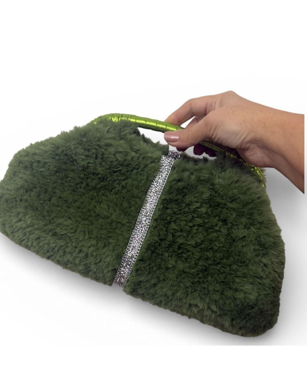 Springmoonatelier Green Handmade Plush Clutch Bag With Crystal Accent – Limited Edition Winter Luxury