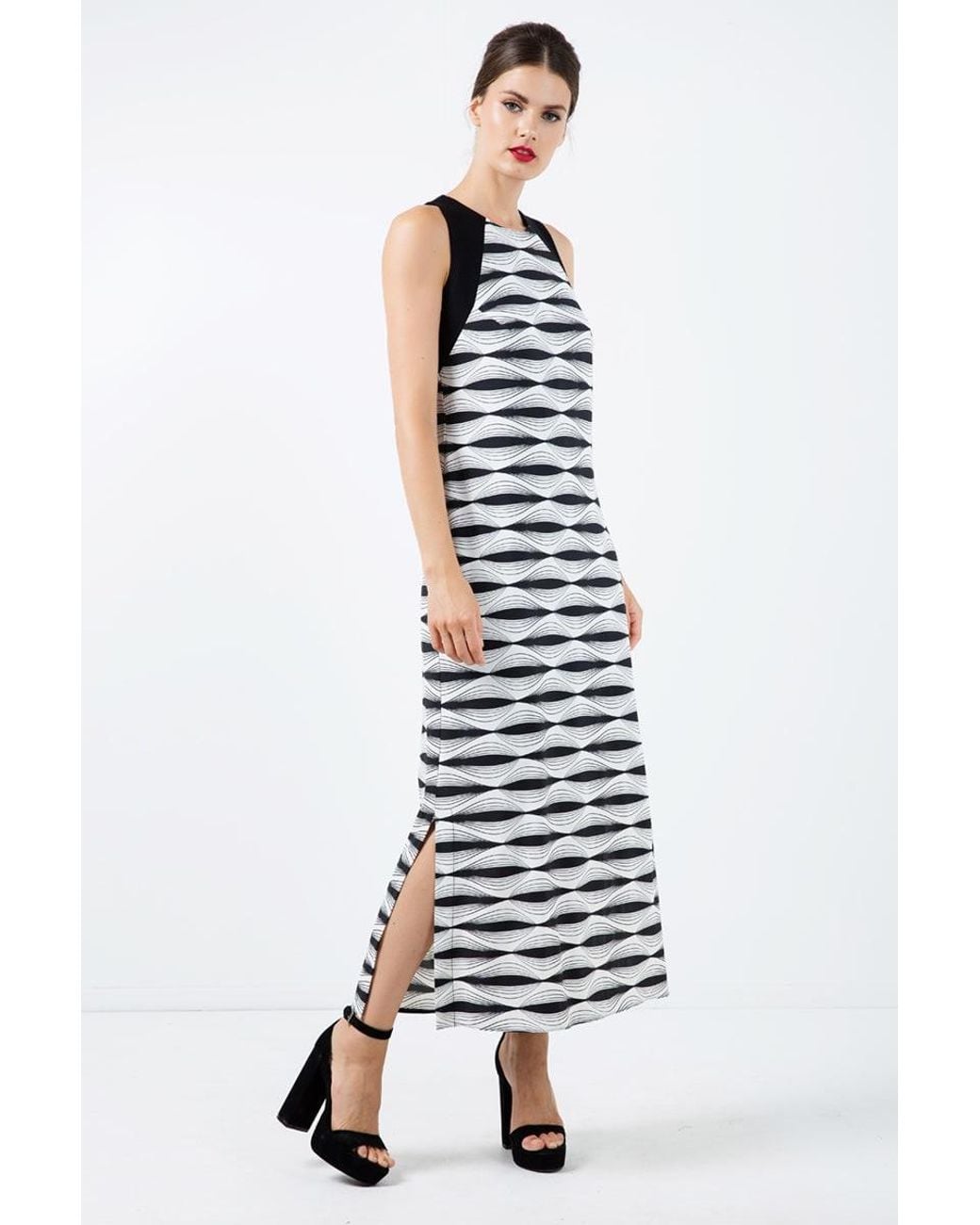 Conquista White Sleeveless Print Maxi Dress With Side Slits