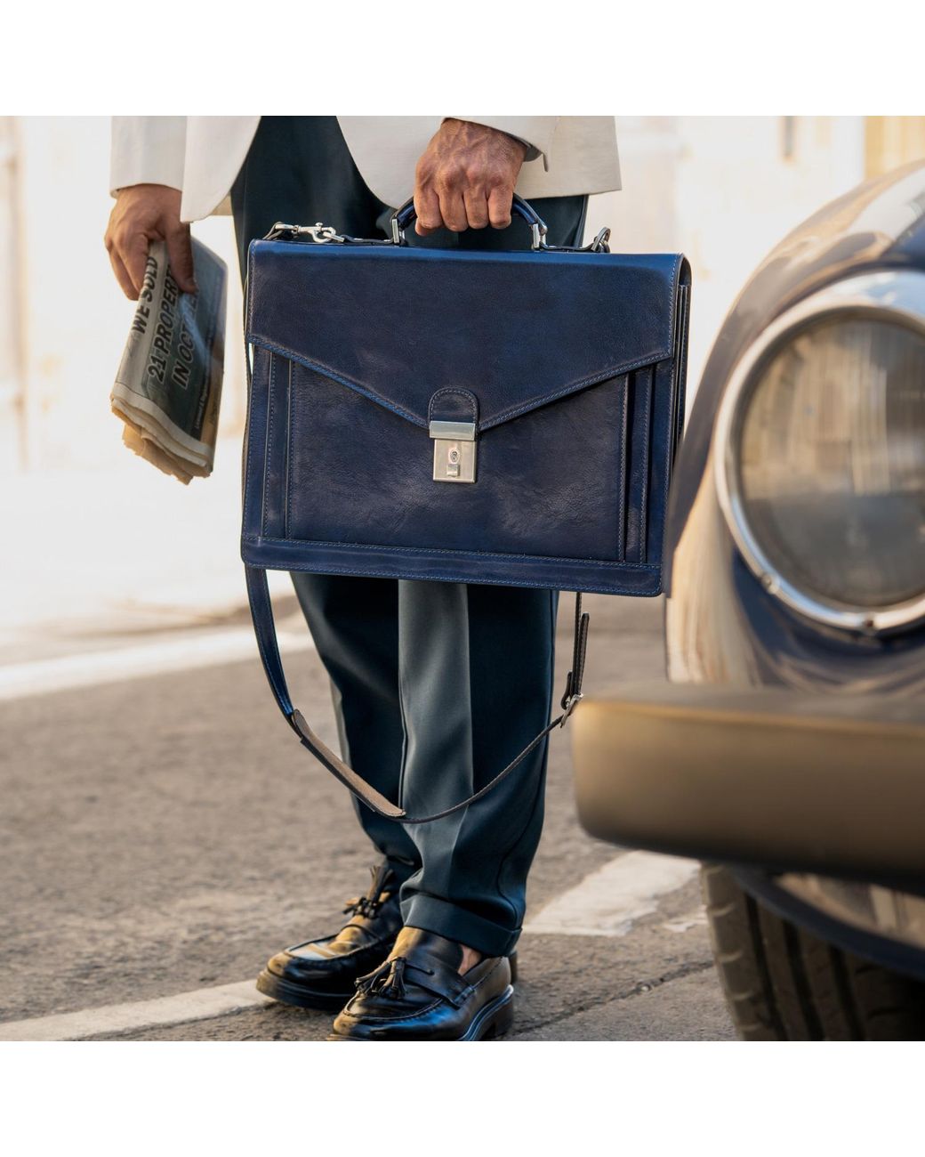 Time Resistance Blue Classic Design Leather Briefcase for men