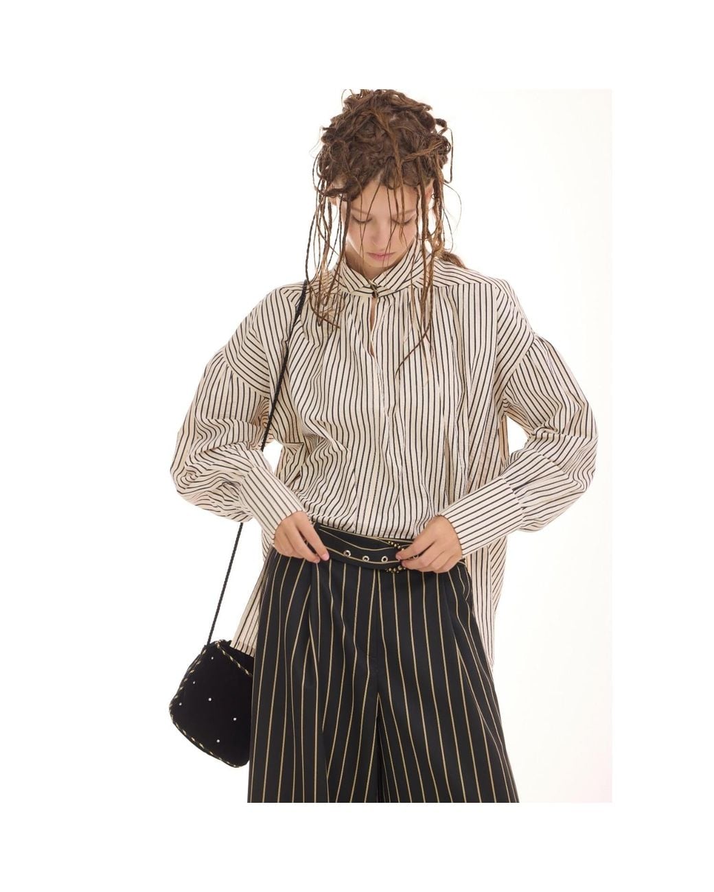 Julia Allert White Neutrals Striped Oversized Long Sleeve Blouse – Ivory