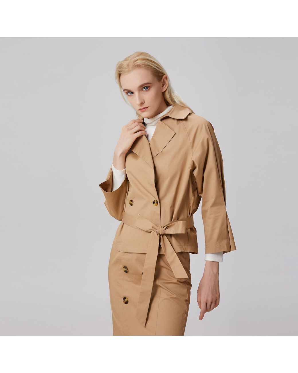 Smart and Joy Natural Double-Breasted Cotton Trench Jacket