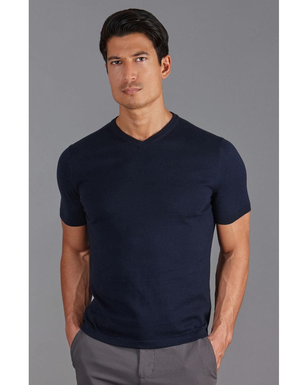 Paul James Knitwear Blue Ultra Fine Cotton Hudson High V Neck Knitted T-Shirt for men