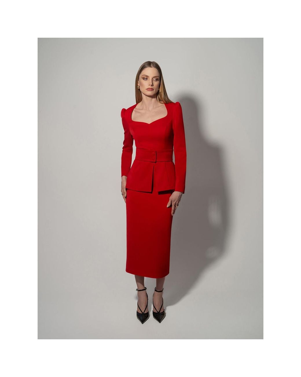 Tia Dorraine Red Fitted Blouse & Pencil Skirt Set