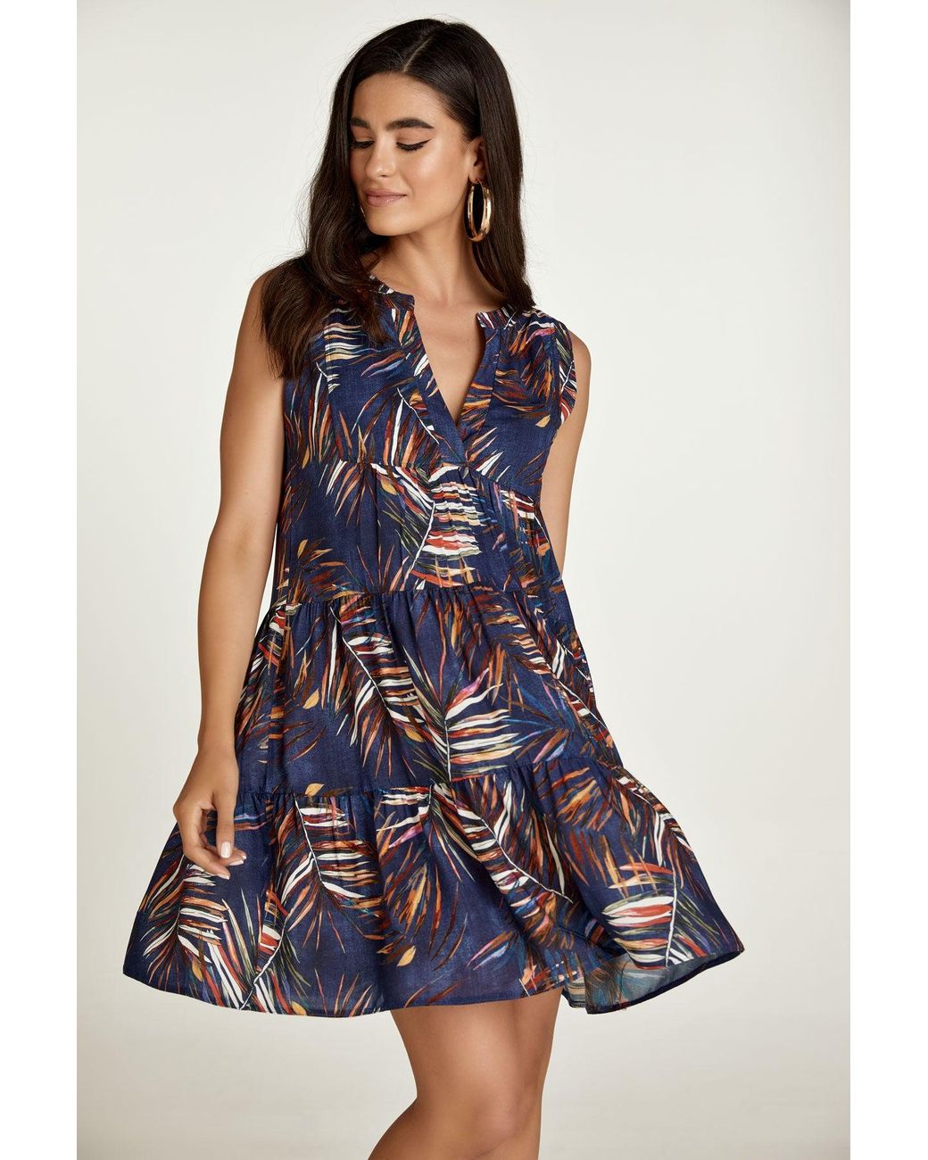 Conquista Blue Sleeveless Leaf Print A Line Dress