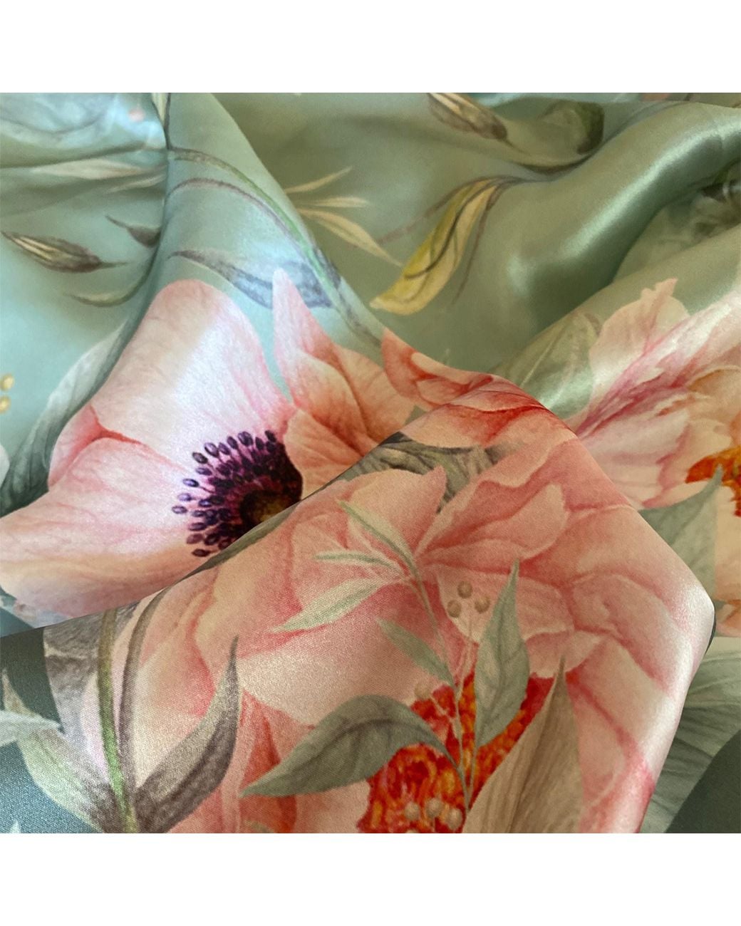 Ralufineart Green Silk Scarf Peonies Serenade