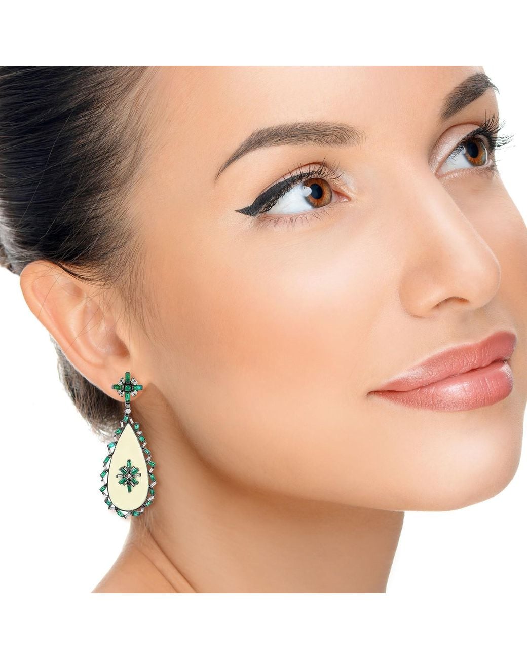 Artisan Green Emerald & Diamond Enamel Drop Earrings