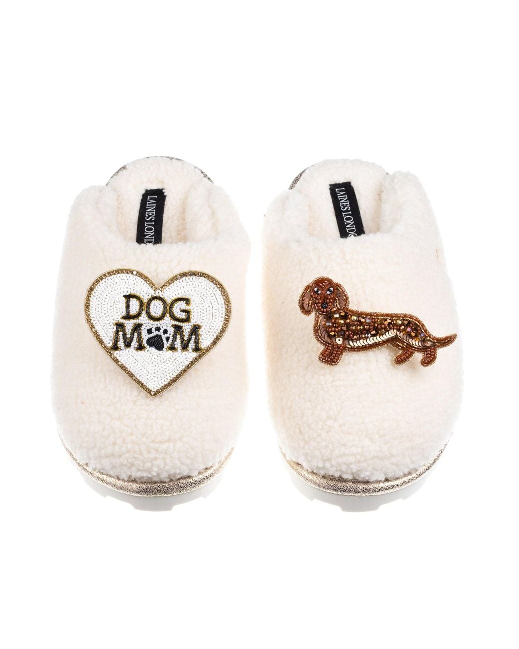 Laines London White Neutrals Teddy Closed Toe Slippers With Dog Mum/Mom & Dachshund Brooches
