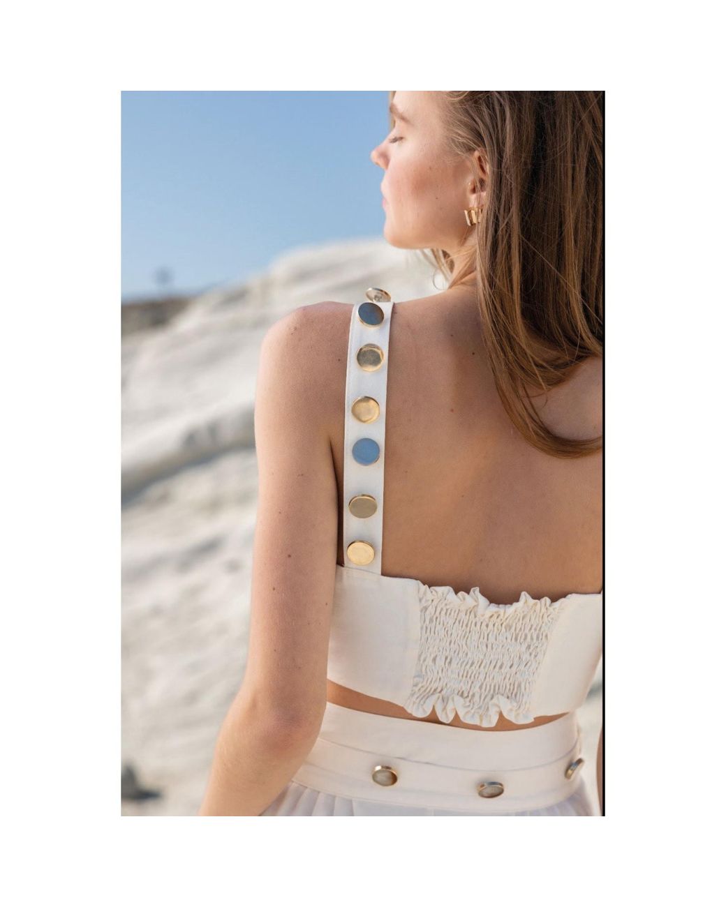 Women & Women White Neutrals Button Detailed, Ecru Short Top
