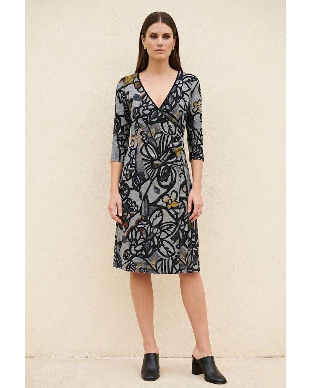 Conquista Black Printed Wrap-Effect Midi Dress