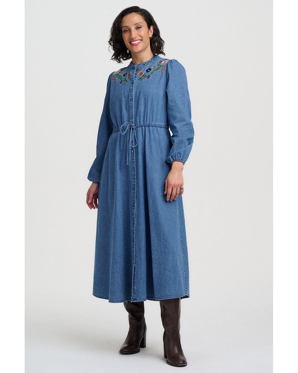 Sugarhill Blue Ivana Denim Midi Shirt Dress Floral Embroidery