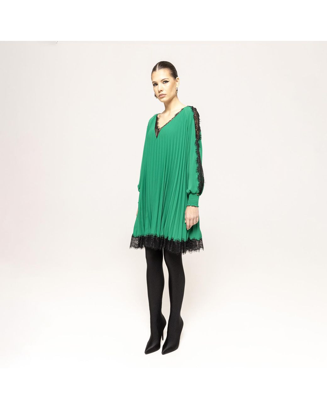 Nissa Lace-trimmed Pleated Dress in Green | Lyst UK