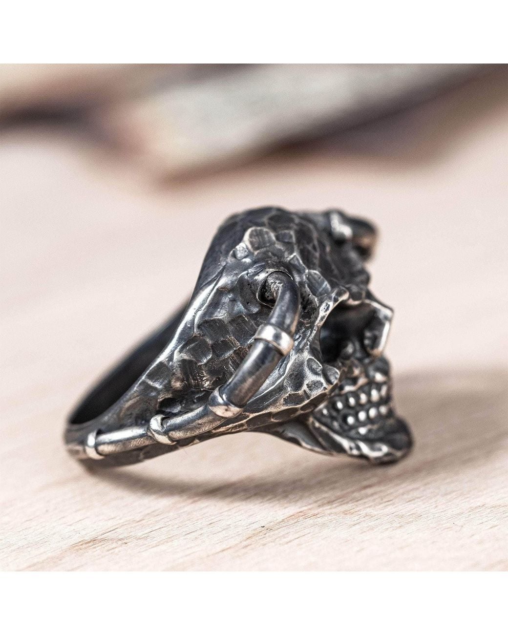 German Kabirski Blue Valkyr Oxidized Ring Sculpted Into A Skull for men