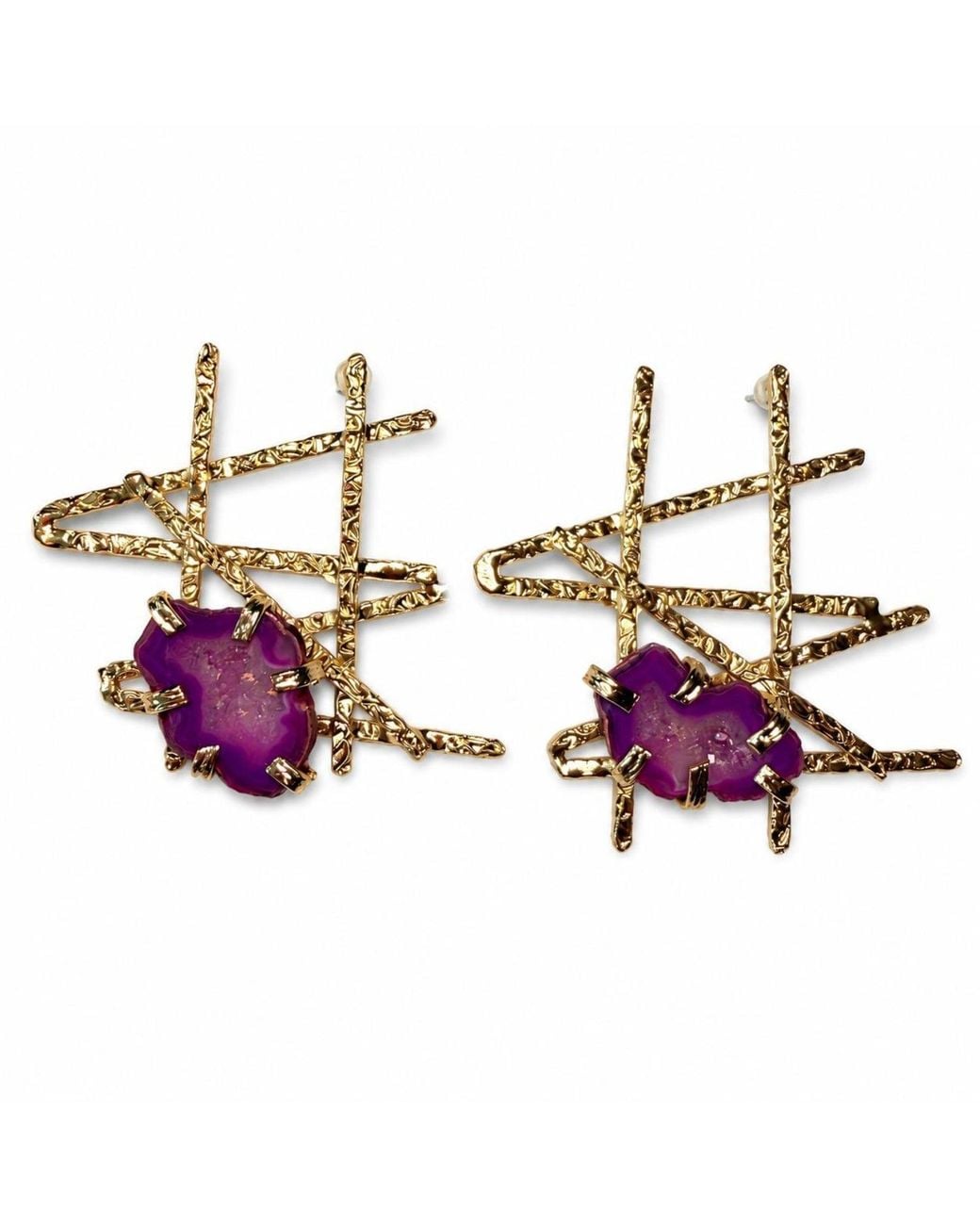 By Ozge Multicolor Sacred Lines Natural Agate Plated Statement Earrings