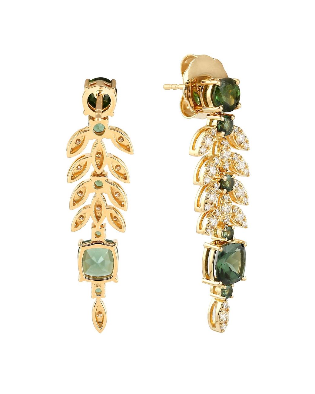 Artisan Green Tourmaline & Diamond In 18k Yellow Gold Leaf Design Dangle Earrings Jewelry