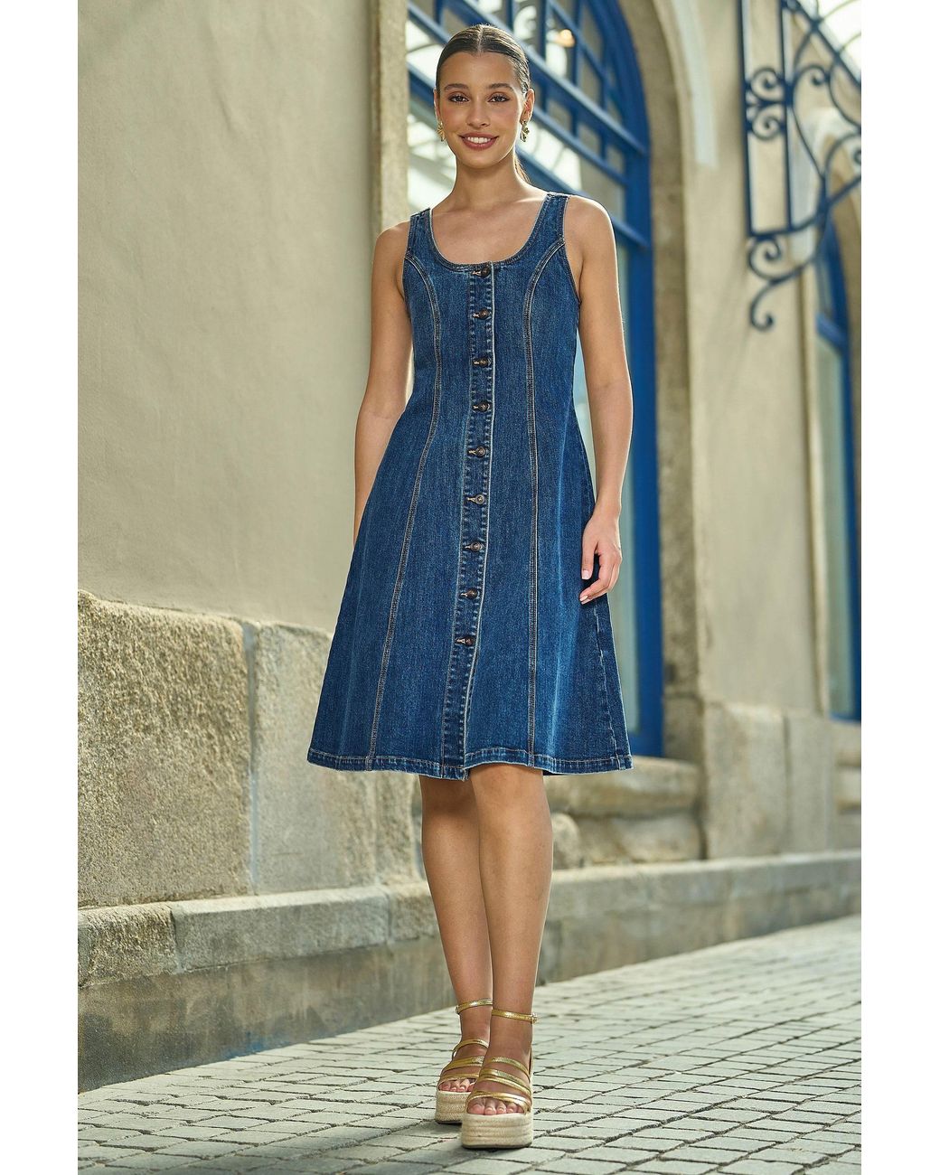 Yumi' Blue Stretch Denim Panel Fitted Dress