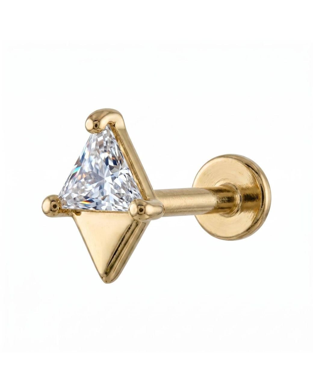 Zahav Jewelry Metallic 14K Solid 18G 8Mm Triangle Cz Internally Threaded Flat Back Stud