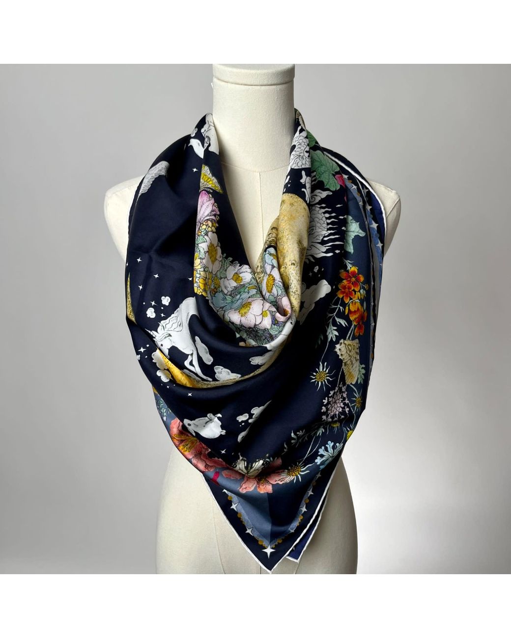 Wenzi Blue Moonlit Menagerie Hand Painted Mulberry Silk Square Scarf