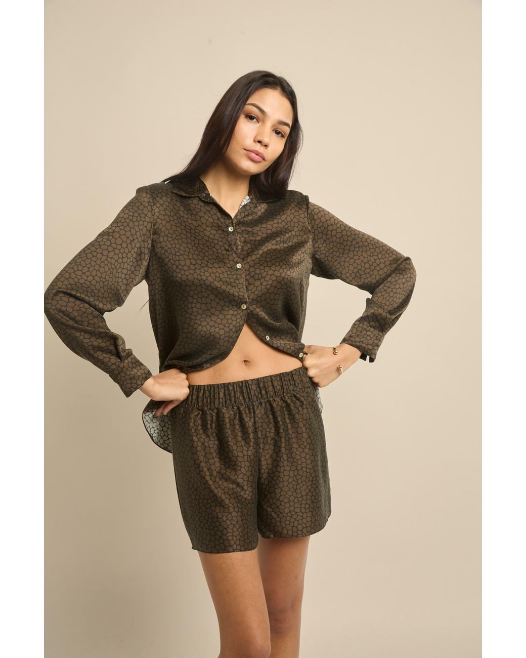 Lily Rou Green Silk Marina Relaxed Shorts