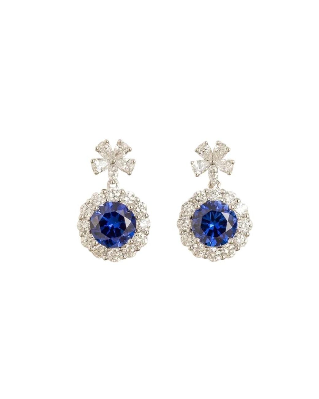 Juvetti Blue Round Sapphire Halo Pendant Earrings With Flower Bail
