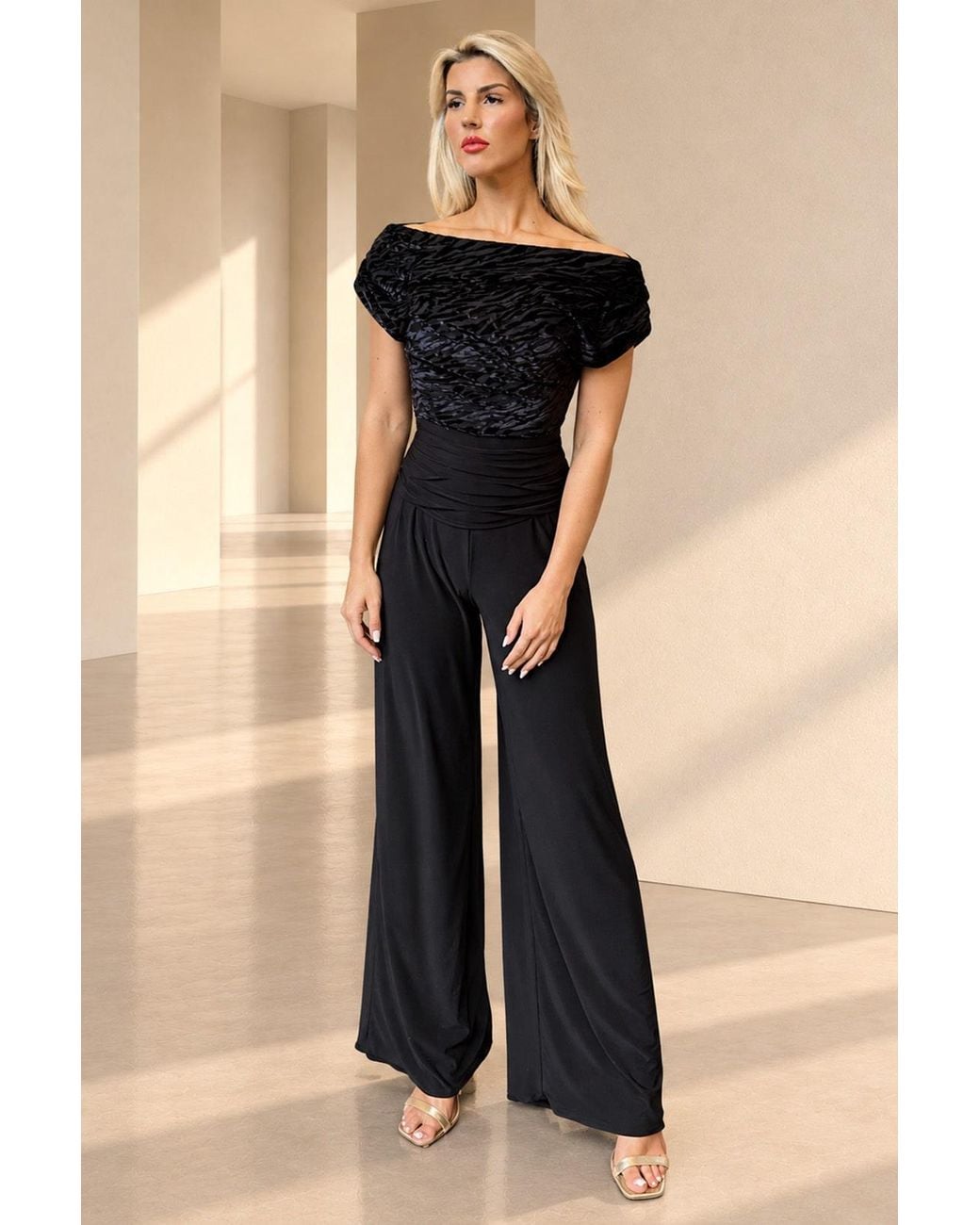Atom Label Black Carbon Velvet Bardot Wide Leg Jumpsuit