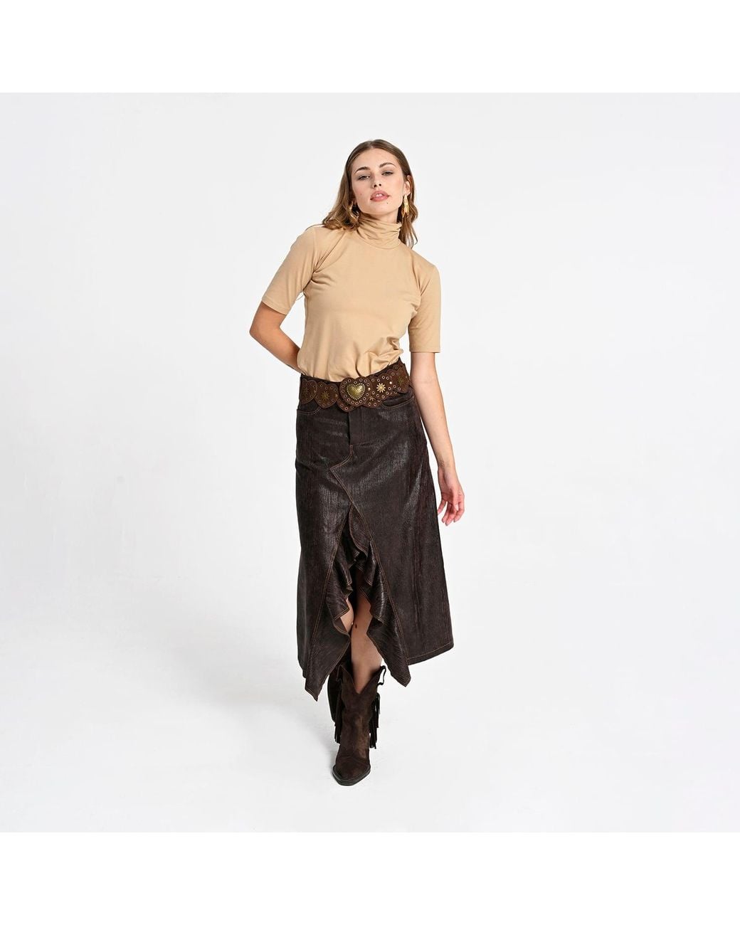 Lalipop Design Gray Ruffled Front Vegan Leather Midi Skirt