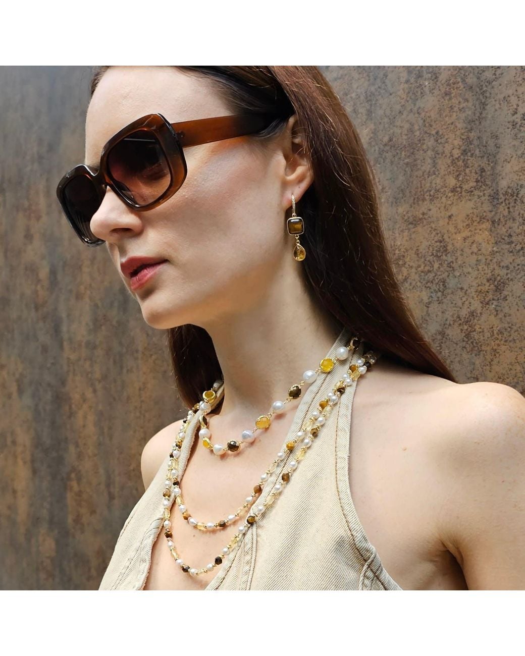 Farra Metallic Irregular Freshwater Pearls With Quartz And Tiger-Eye Stone Necklace