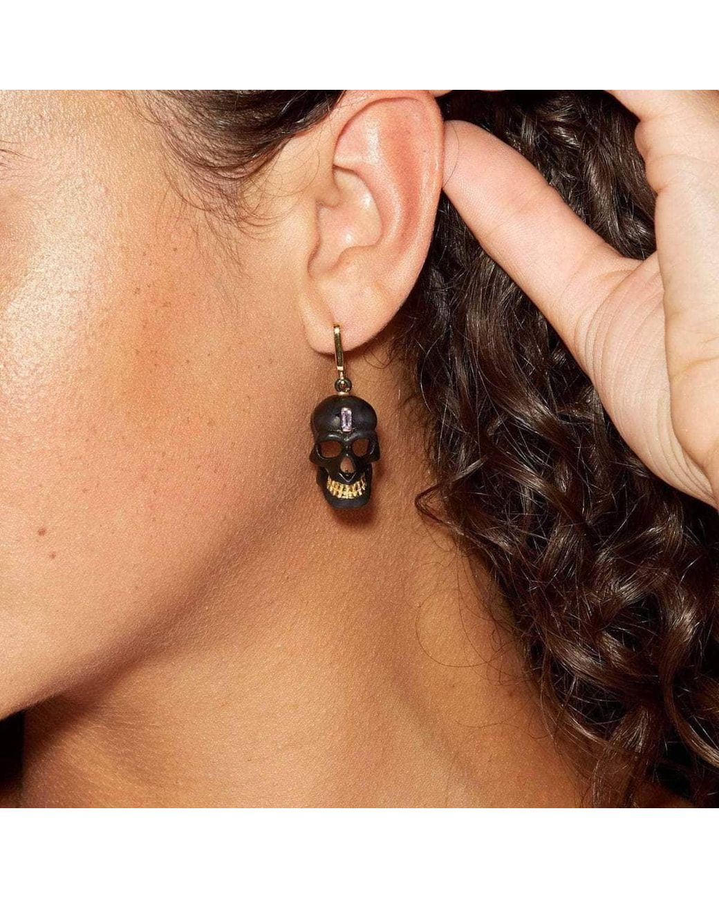 German Kabirski Black Calvina Skull Motif Asymmetric Earrings With Natural Amethyst