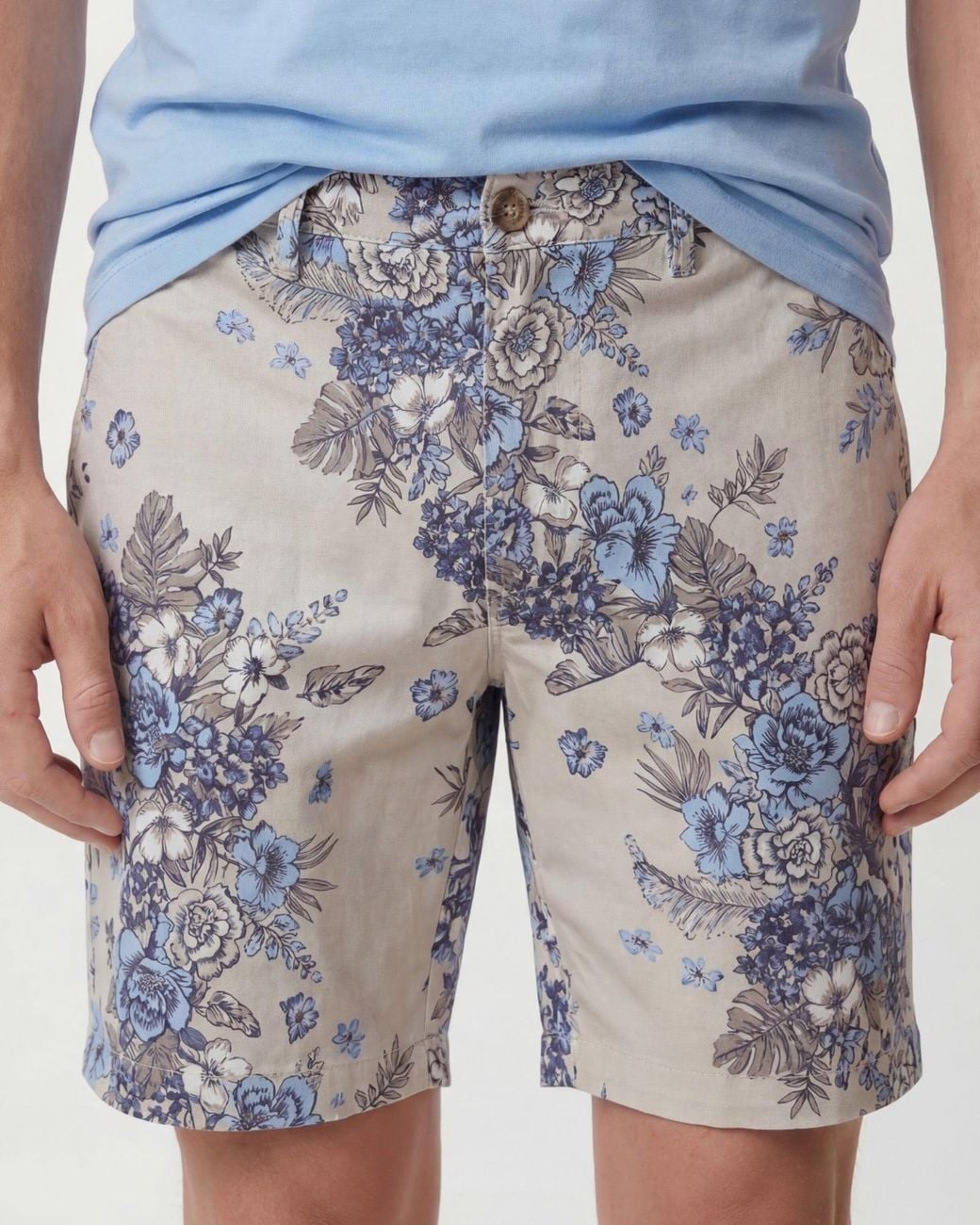 Lords of Harlech Blue Neutrals Clyde Clumped Floral Natural Flat Front Short for men