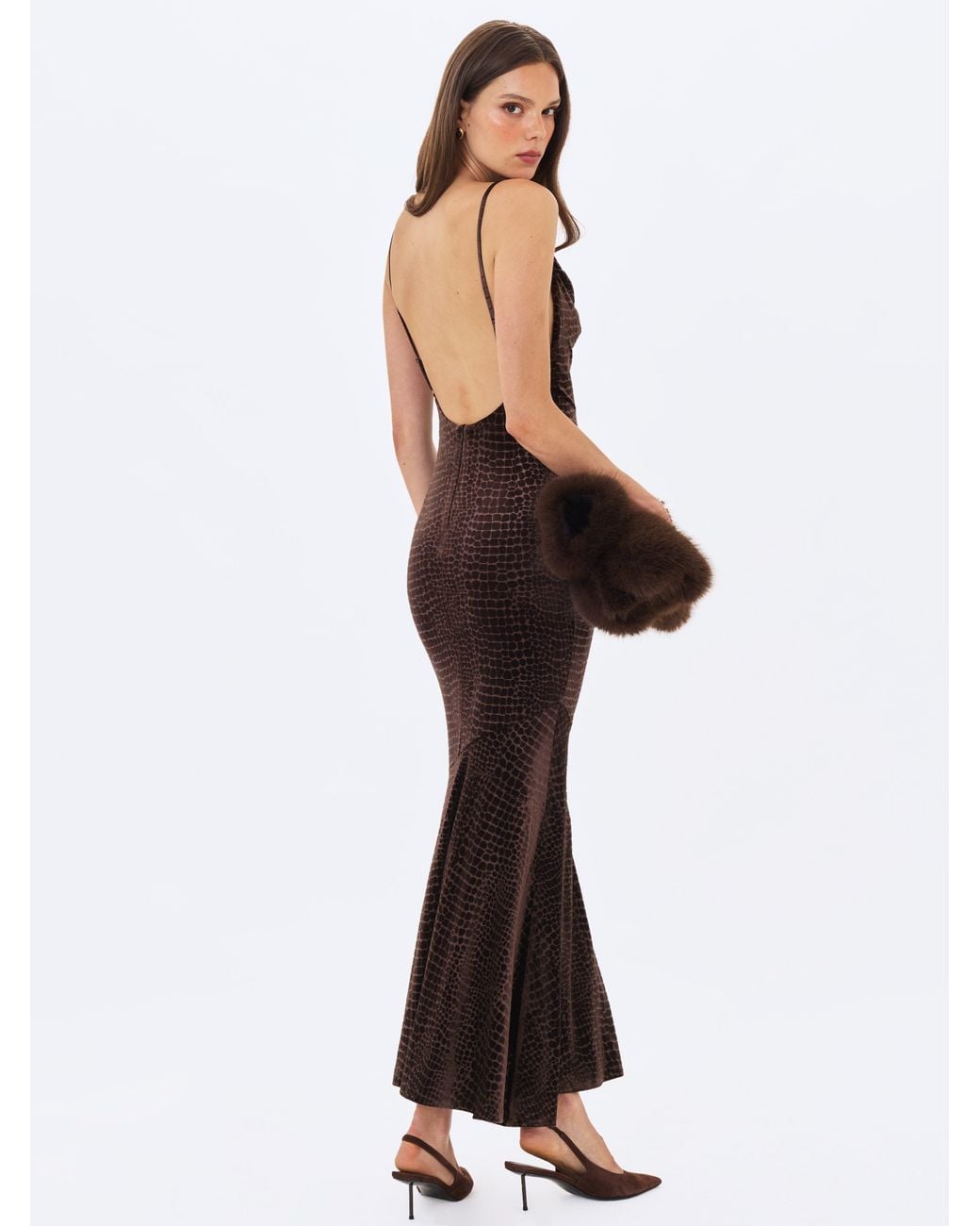 Miss Circle New York White Veronique Croc-Embossed Velvet Cowl Neck Mermaid Maxi Dress