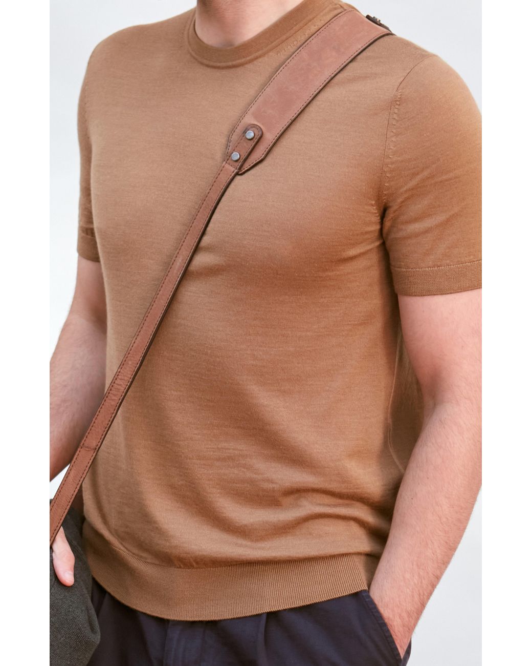 Paul James Knitwear Brown Superfine Merino Silk Bellini Short Sleeve Jumper for men