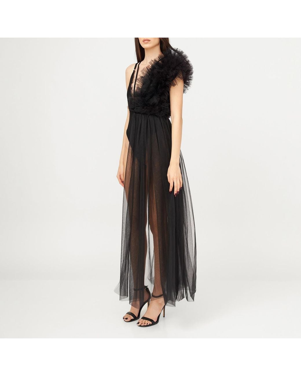 LIA ARAM Black Lace Deconstructed Ruffled Bodysuit
