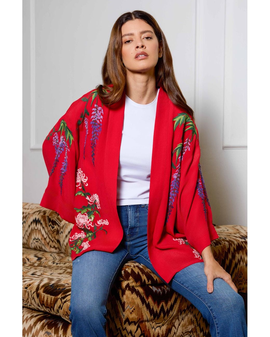 Artemis Muse Wisteria & Chrysanthemum Embroidered Fully Lined Short Kimono