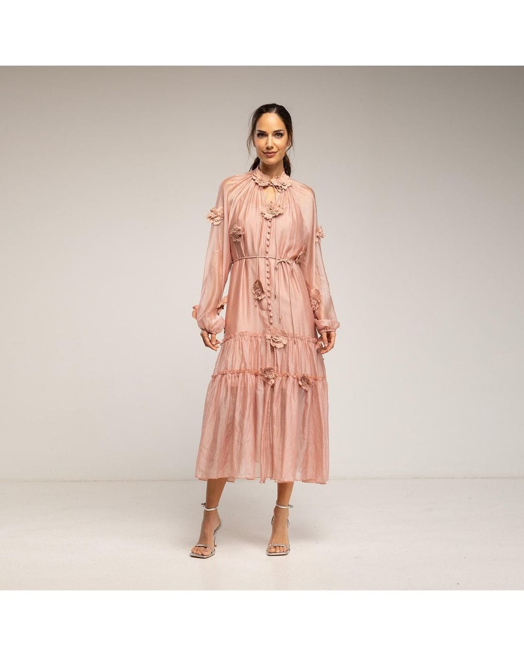 Tantra Spain Sl Pink Semi-Transparent Dress With Buttons, Floral Details, And Ruffles. Belt And Lining Sold Separately