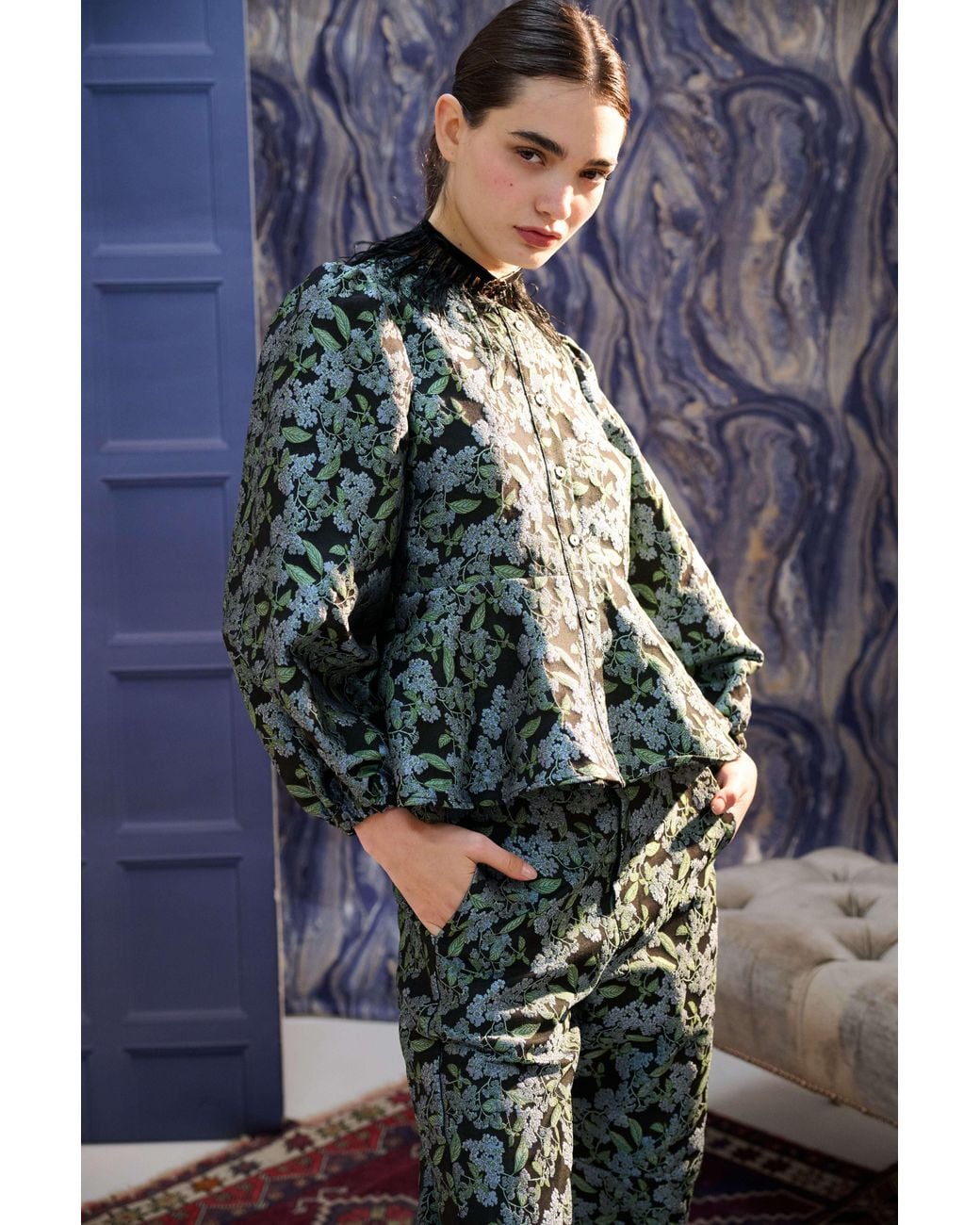 Louche Green Clementine Blossom Jacquard Peplum Blouse