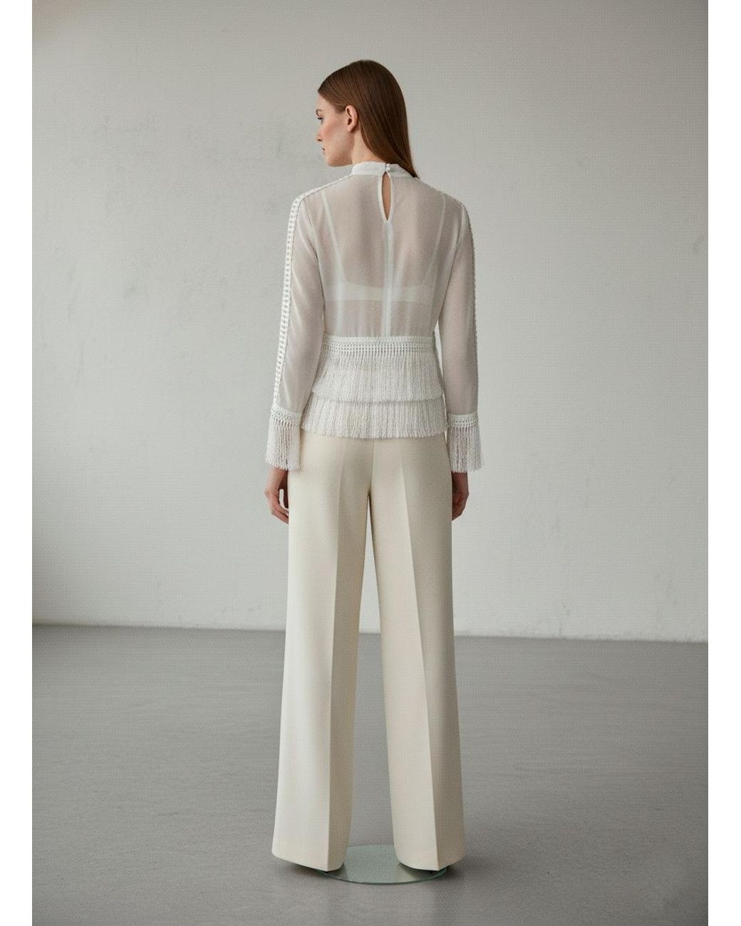 Conquista White Neutrals Cream Long-Sleeve Blouse With Fringe Detailing