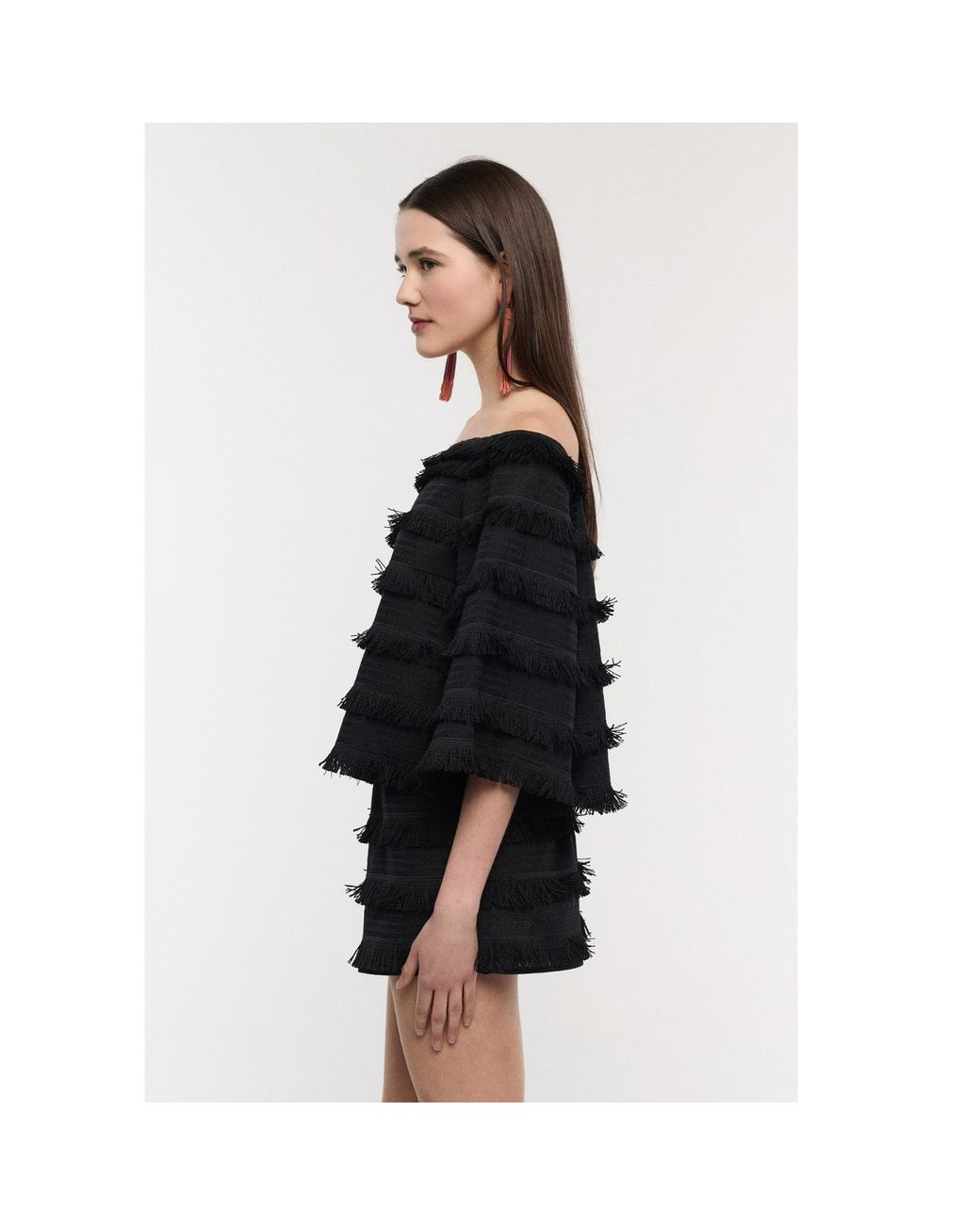 Mirimalist Black Fringe Off Shoulder Top