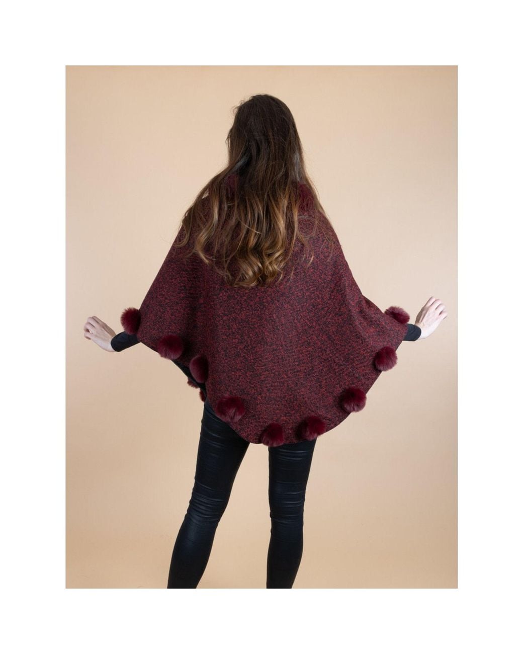 Saachi Red Faux Fur Poncho Pom Pom