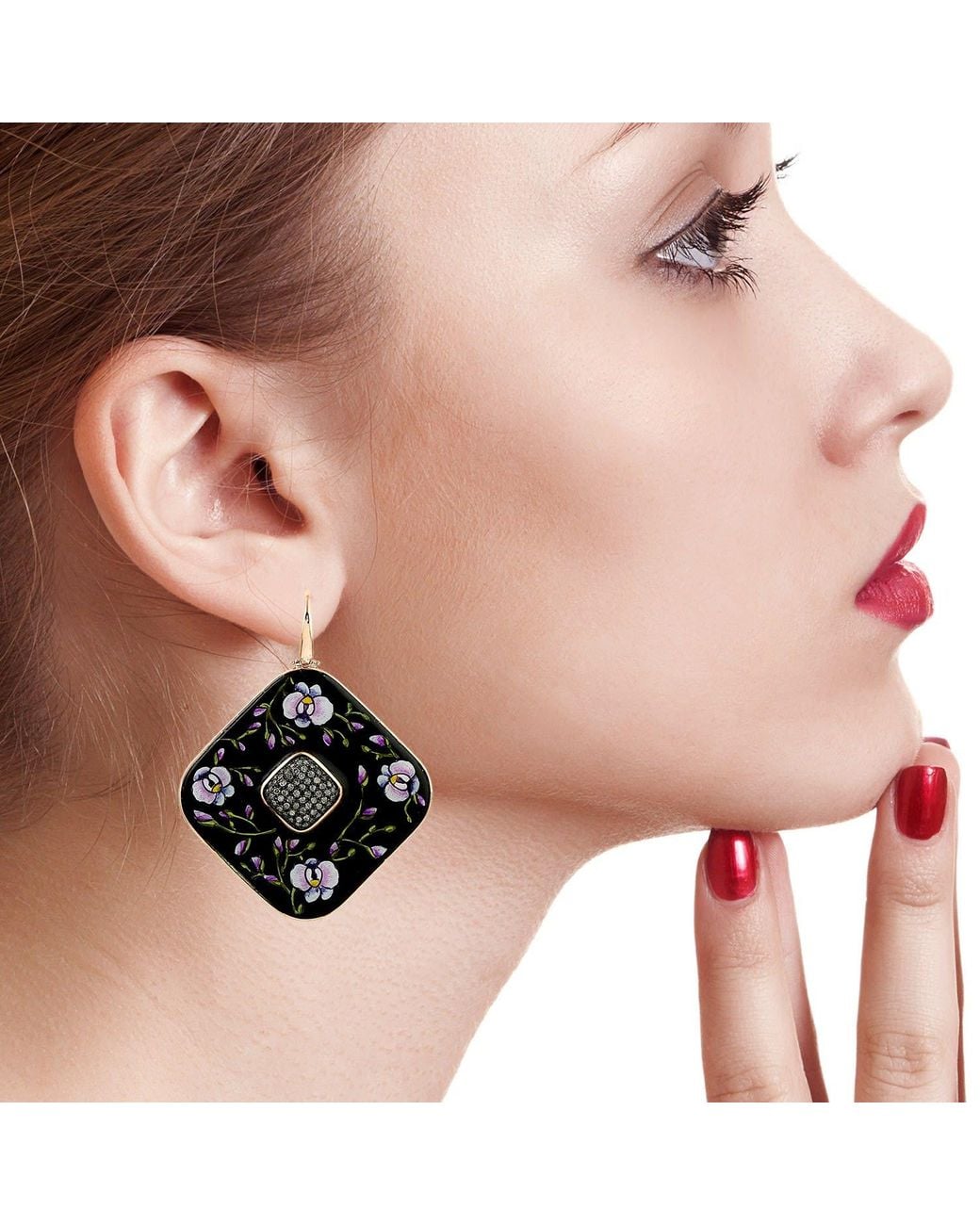 Artisan Black 18K, Bakelite, Enamel & Diamond Floral Drop Earrings