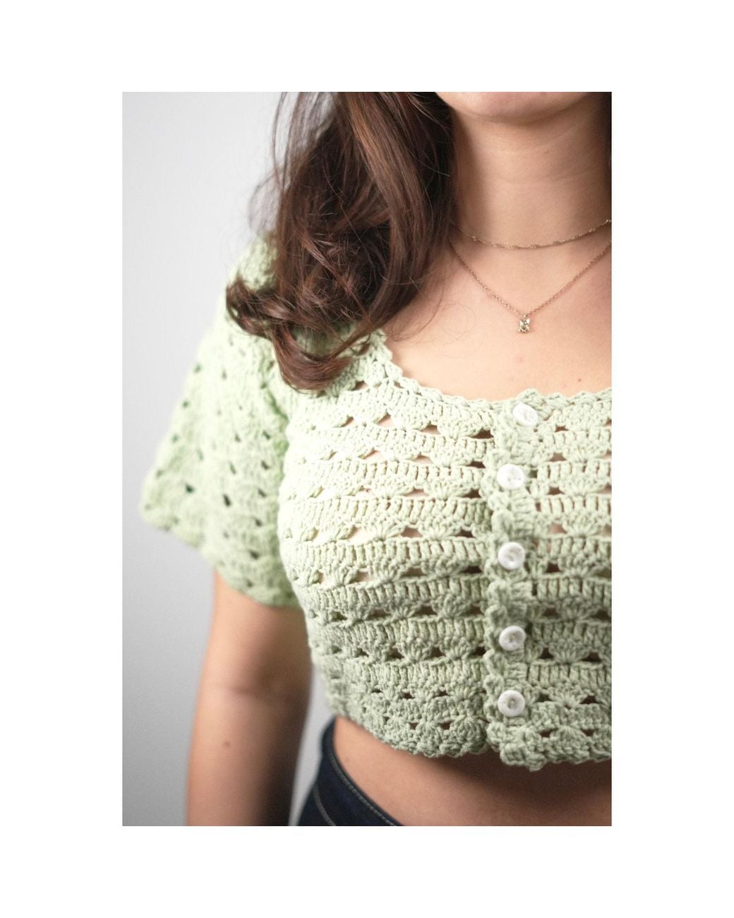 Ana Chic Green Sage Openwork Handmade Crochet Top